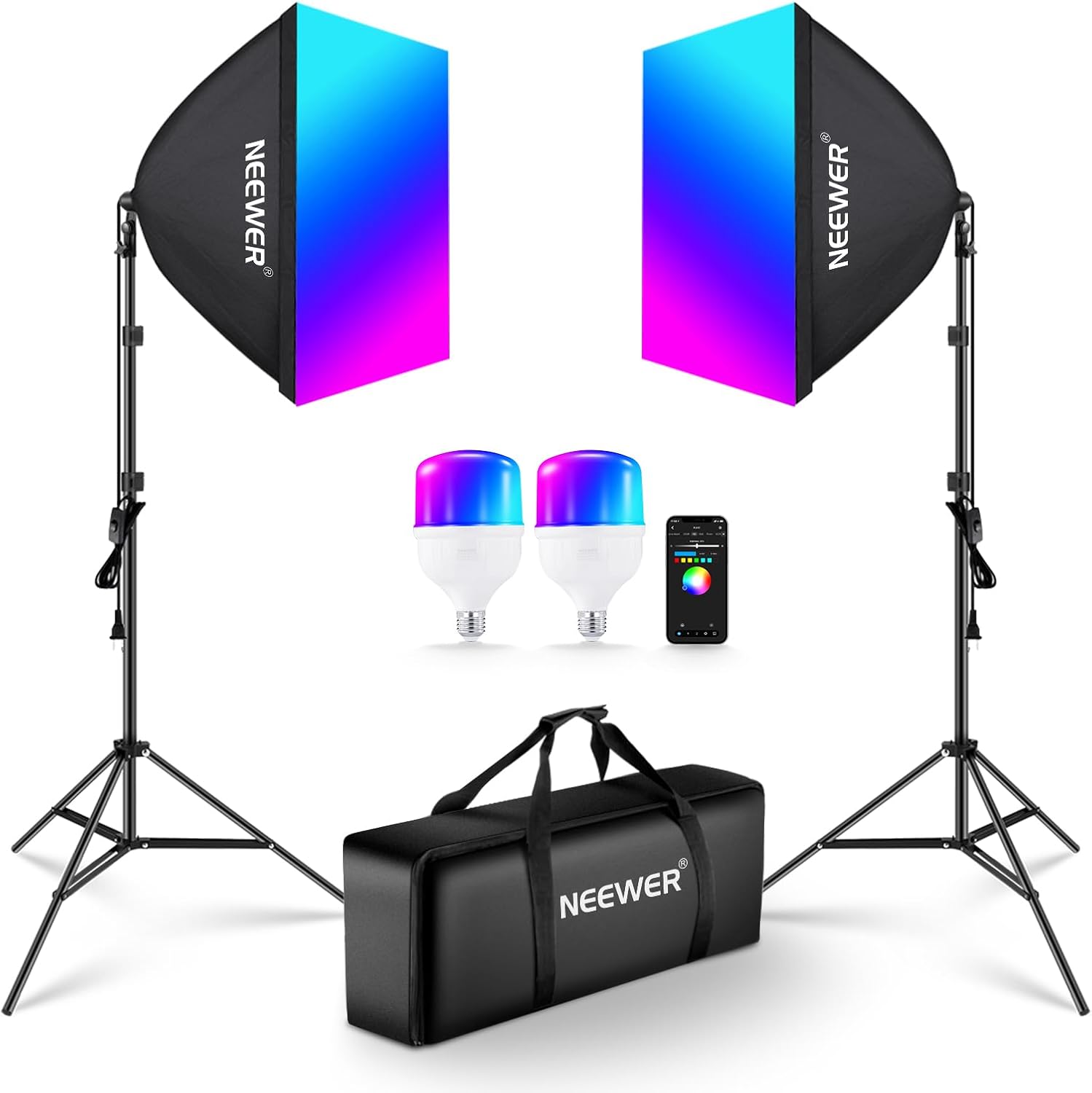 NEEWER RGB Softbox Lighting Kit with App Control & 9 Effect Modes, 2 Pack 26W FCC/IC/UL Certified LED Bulbs CRI93+ TLCI98+, E26 Porcelain Sockets, 24" Softboxes, for Studio Photography Lighting, NK800