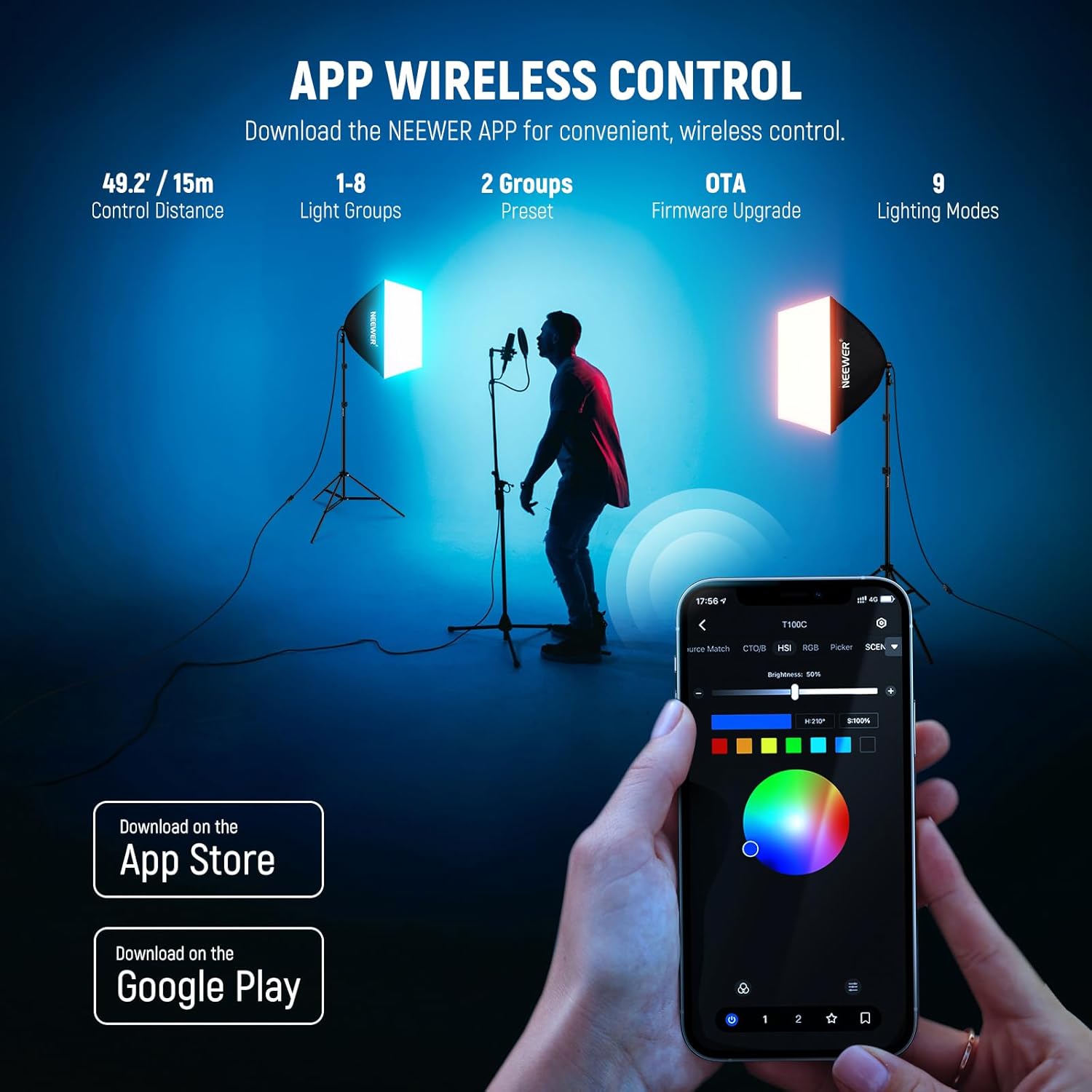 NEEWER RGB Softbox Lighting Kit with App Control & 9 Effect Modes, 2 Pack 26W FCC/IC/UL Certified LED Bulbs CRI93+ TLCI98+, E26 Porcelain Sockets, 24" Softboxes, for Studio Photography Lighting, NK800 - Image 3