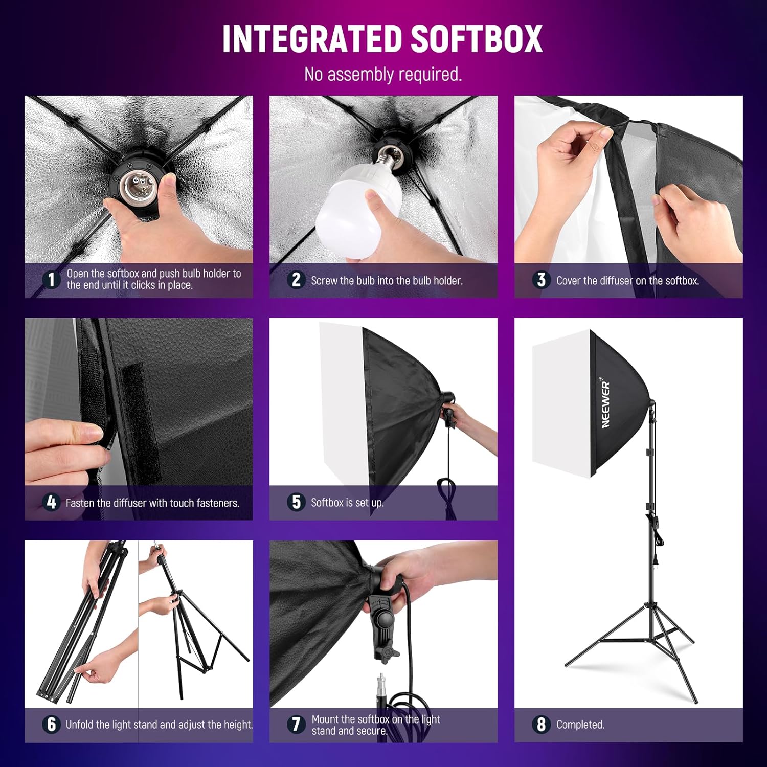 NEEWER RGB Softbox Lighting Kit with App Control & 9 Effect Modes, 2 Pack 26W FCC/IC/UL Certified LED Bulbs CRI93+ TLCI98+, E26 Porcelain Sockets, 24" Softboxes, for Studio Photography Lighting, NK800 - Image 8