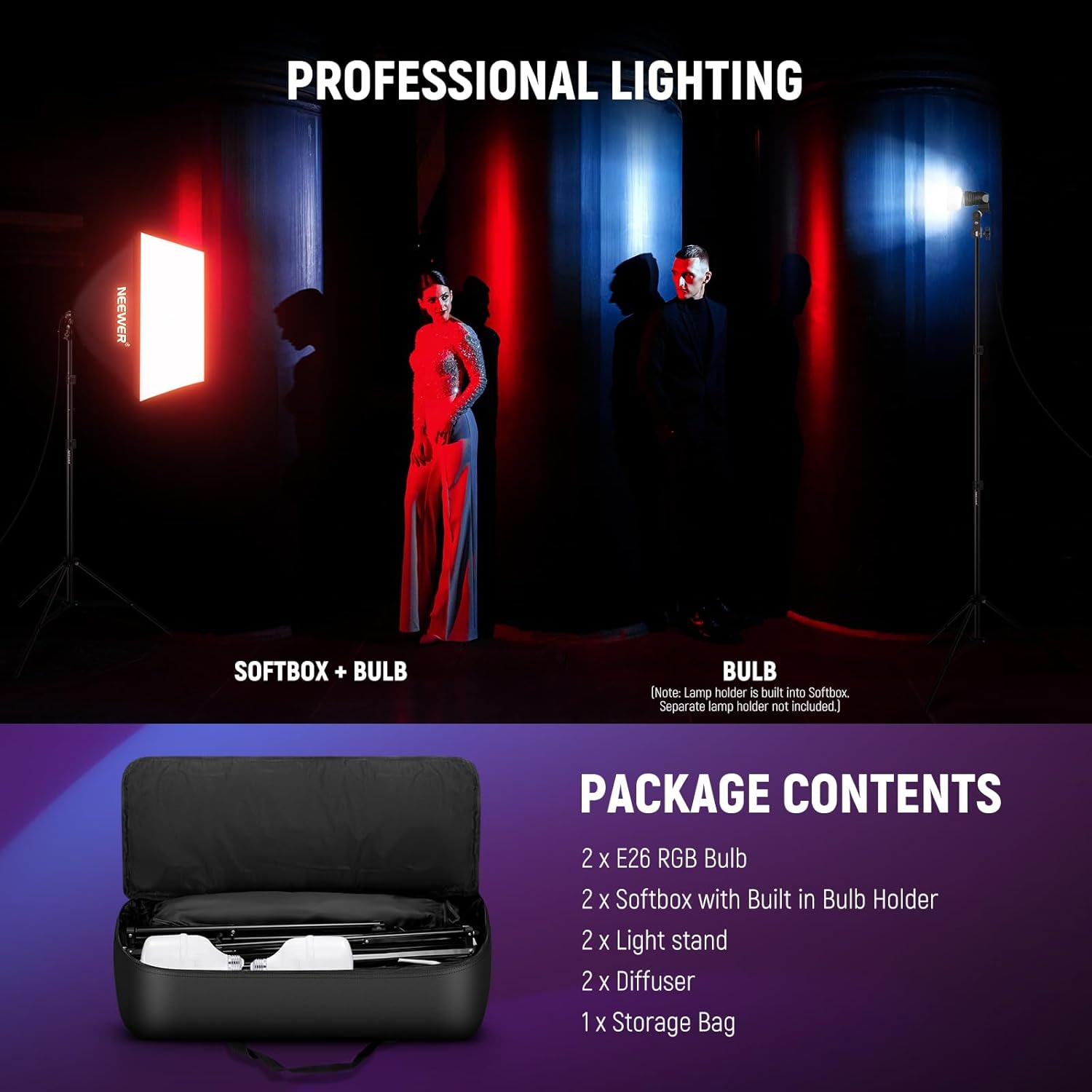 NEEWER RGB Softbox Lighting Kit with App Control & 9 Effect Modes, 2 Pack 26W FCC/IC/UL Certified LED Bulbs CRI93+ TLCI98+, E26 Porcelain Sockets, 24" Softboxes, for Studio Photography Lighting, NK800 - Image 9